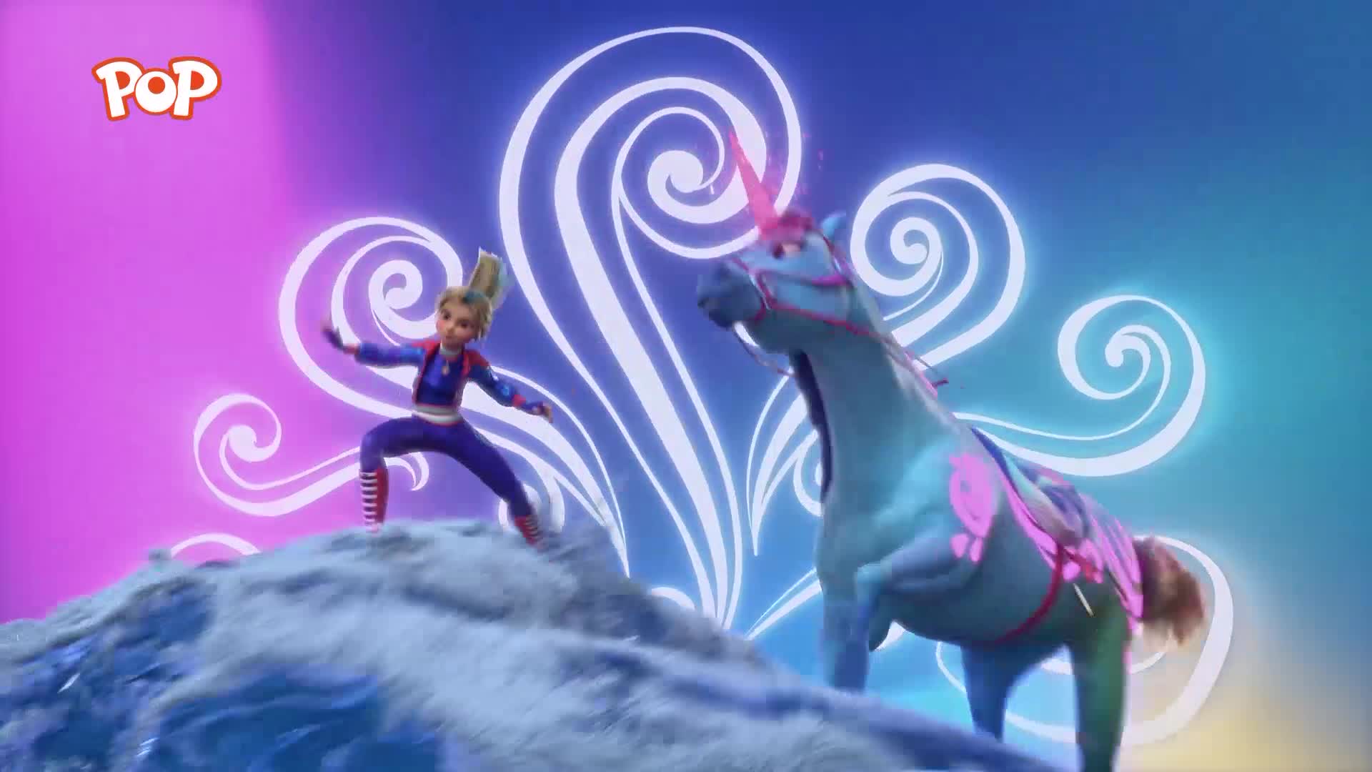 A girl in a blue and red outfit stands poised on a rocky outcrop, facing a bright blue unicorn. The unicorn's horn glows pink, and swirling white patterns fill the vibrant background.