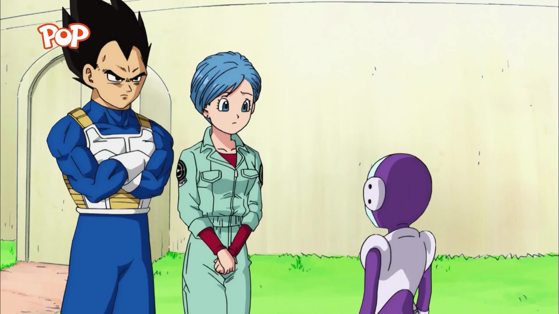Vegeta stands with his arms crossed, a scowl on his face. Bulma, in her light green uniform, looks on with a concerned expression. A small, purple figure with white accents faces them, its head tilted slightly. Vegeta stands with his arms crossed, a scowl on his face. Bulma, in her light green uniform, looks on with a concerned expression. A small, purple figure with white accents faces them, its head tilted slightly.