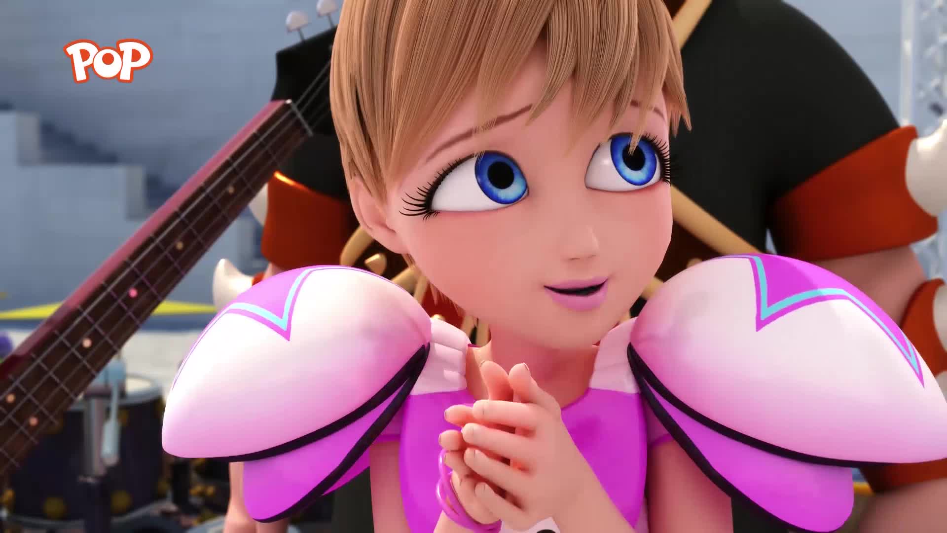 A young girl with bright blue eyes looks up, her hands clasped together. A dark red guitar neck is visible behind her left shoulder. A young girl with bright blue eyes looks up, her hands clasped together. A dark red guitar neck is visible behind her left shoulder.