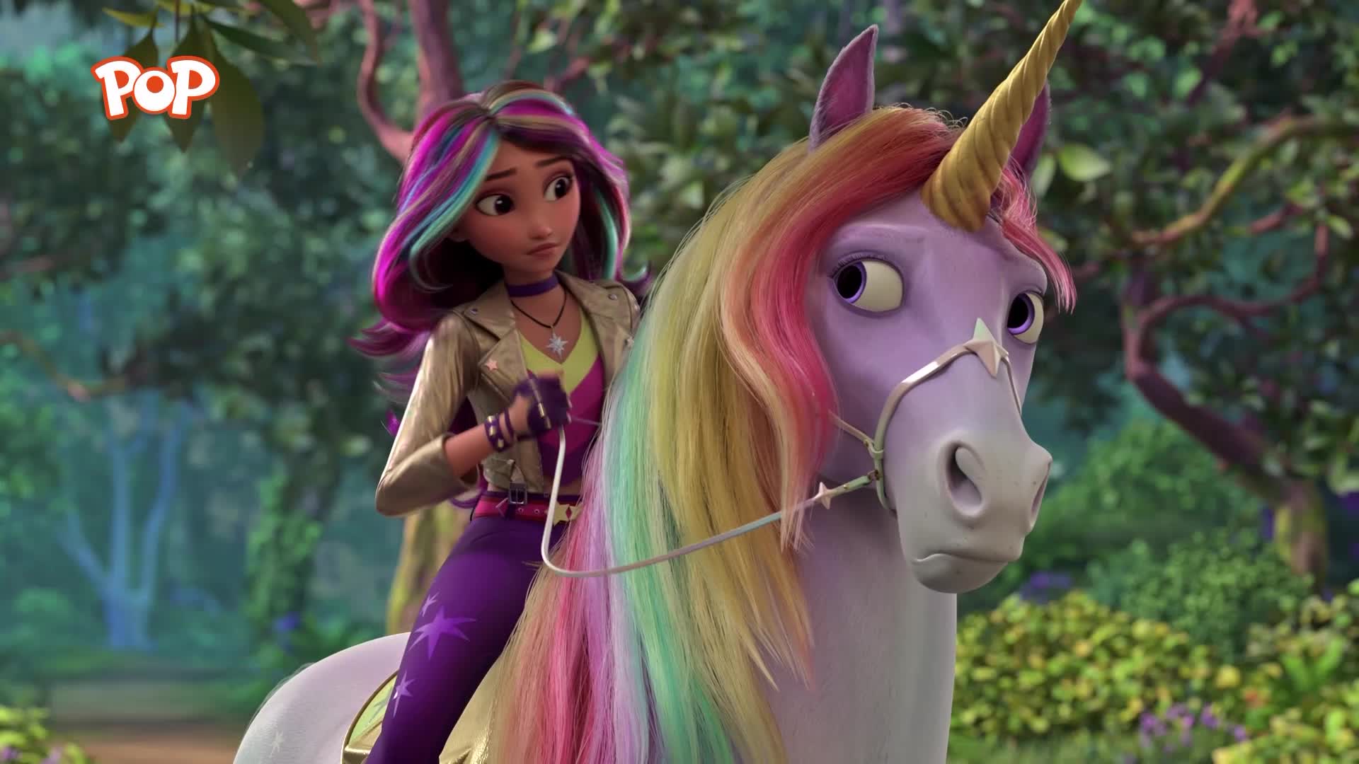 A girl with rainbow-streaked hair rides a purple unicorn through a sun-dappled forest. The unicorn's mane cascades in vibrant colours, matching the girl's own striking hair. A girl with rainbow-streaked hair rides a purple unicorn through a sun-dappled forest. The unicorn's mane cascades in vibrant colours, matching the girl's own striking hair.