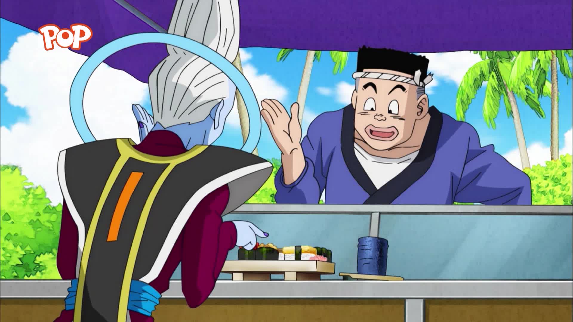 A man in a blue robe gestures animatedly while a blue-skinned figure in a purple and black outfit points at a plate of sushi. The bright sun shines on palm trees in the background. A man in a blue robe gestures animatedly while a blue-skinned figure in a purple and black outfit points at a plate of sushi. The bright sun shines on palm trees in the background.