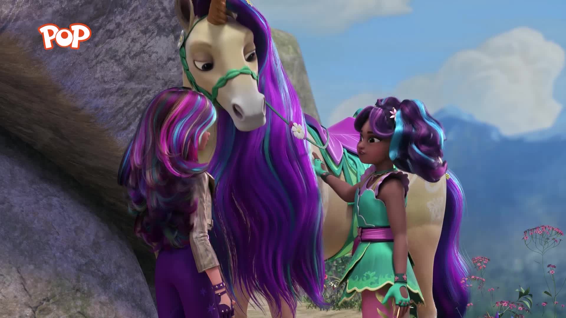 A unicorn with a vibrant purple mane stands patiently as a young girl in a green dress gently touches its muzzle. Beside them, another girl with brightly coloured hair looks on, her gaze fixed on the magical creature. A unicorn with a vibrant purple mane stands patiently as a young girl in a green dress gently touches its muzzle. Beside them, another girl with brightly coloured hair looks on, her gaze fixed on the magical creature.