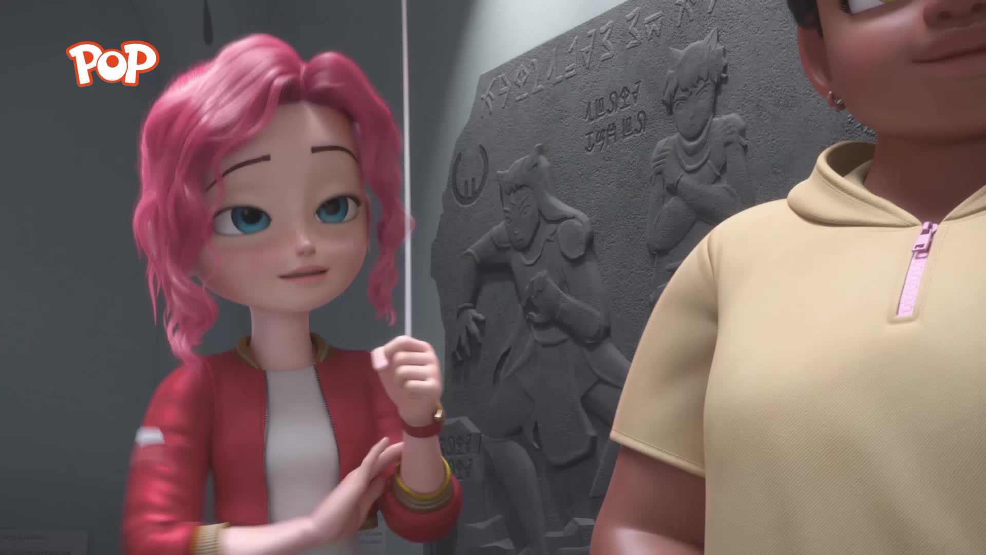 A girl with bright pink hair and blue eyes stands to the left, her gaze fixed on something off-screen. Beside her, a stone relief depicts figures in dynamic poses, hinting at an ancient story. A girl with bright pink hair and blue eyes stands to the left, her gaze fixed on something off-screen. Beside her, a stone relief depicts figures in dynamic poses, hinting at an ancient story.
