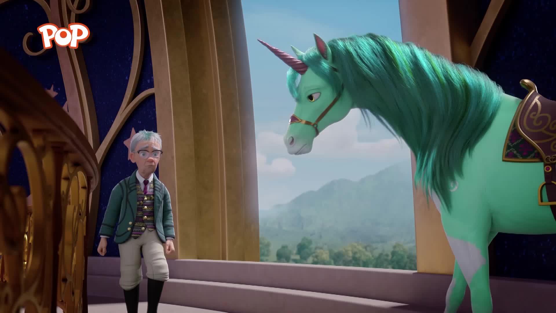 A distinguished gentleman in a tweed jacket stands on a balcony, looking up at a magnificent green unicorn. The unicorn, with its flowing mane, gazes down at him, its horn catching the light. A distinguished gentleman in a tweed jacket stands on a balcony, looking up at a magnificent green unicorn. The unicorn, with its flowing mane, gazes down at him, its horn catching the light.