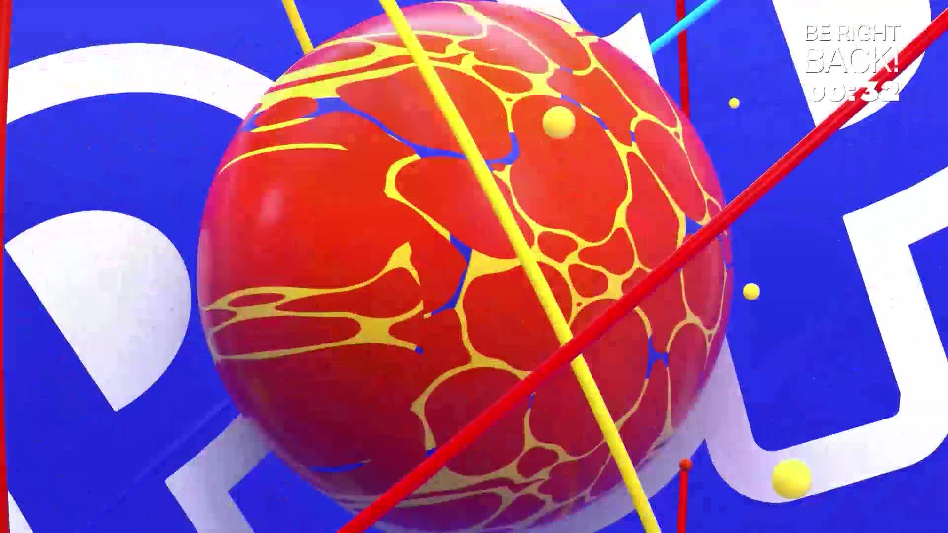 A bright red sphere, patterned with yellow and blue, spins against a bold blue background. Thin yellow and red rods crisscross the sphere, catching the light.