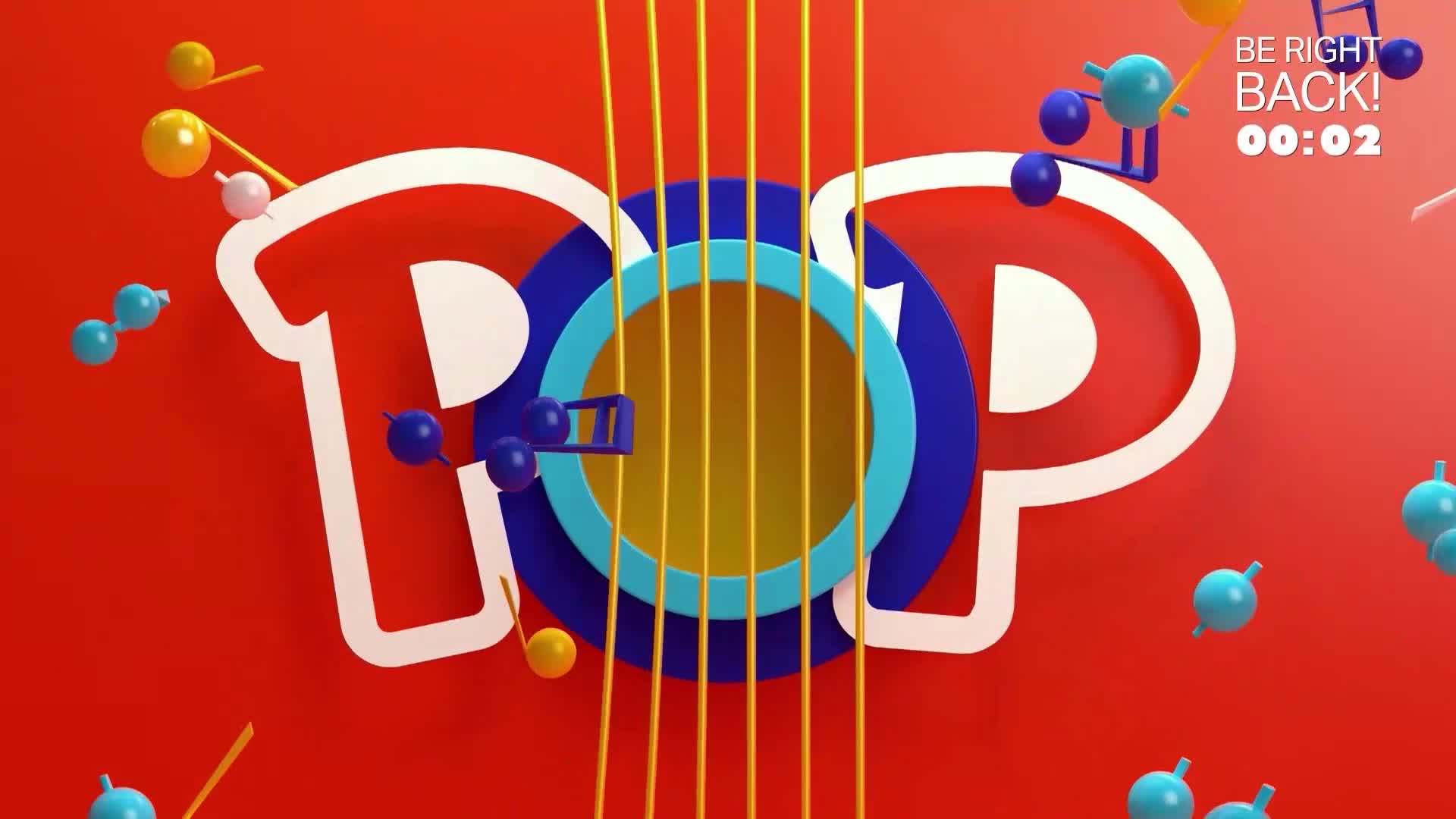 The word "POP" appears in large white letters against a bright red background, resembling the body of a guitar. Yellow strings stretch vertically across the center, and small, colourful spheres bob around the letters. A timer in the top right corner counts down from two seconds.