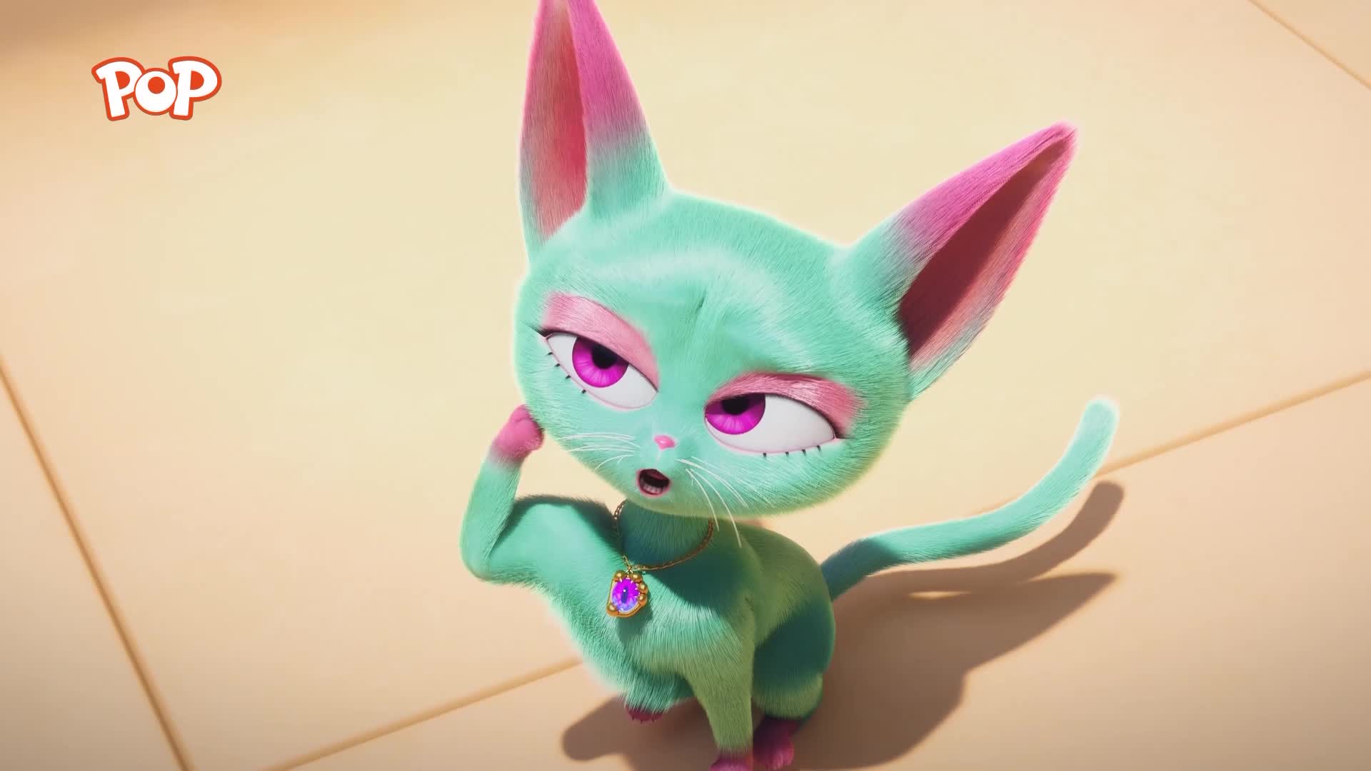 A bright green cat with pink-tipped ears and bright pink eyes sits with one paw raised, looking thoughtfully to the side. A tiny "POP" logo hovers in the upper left corner.
