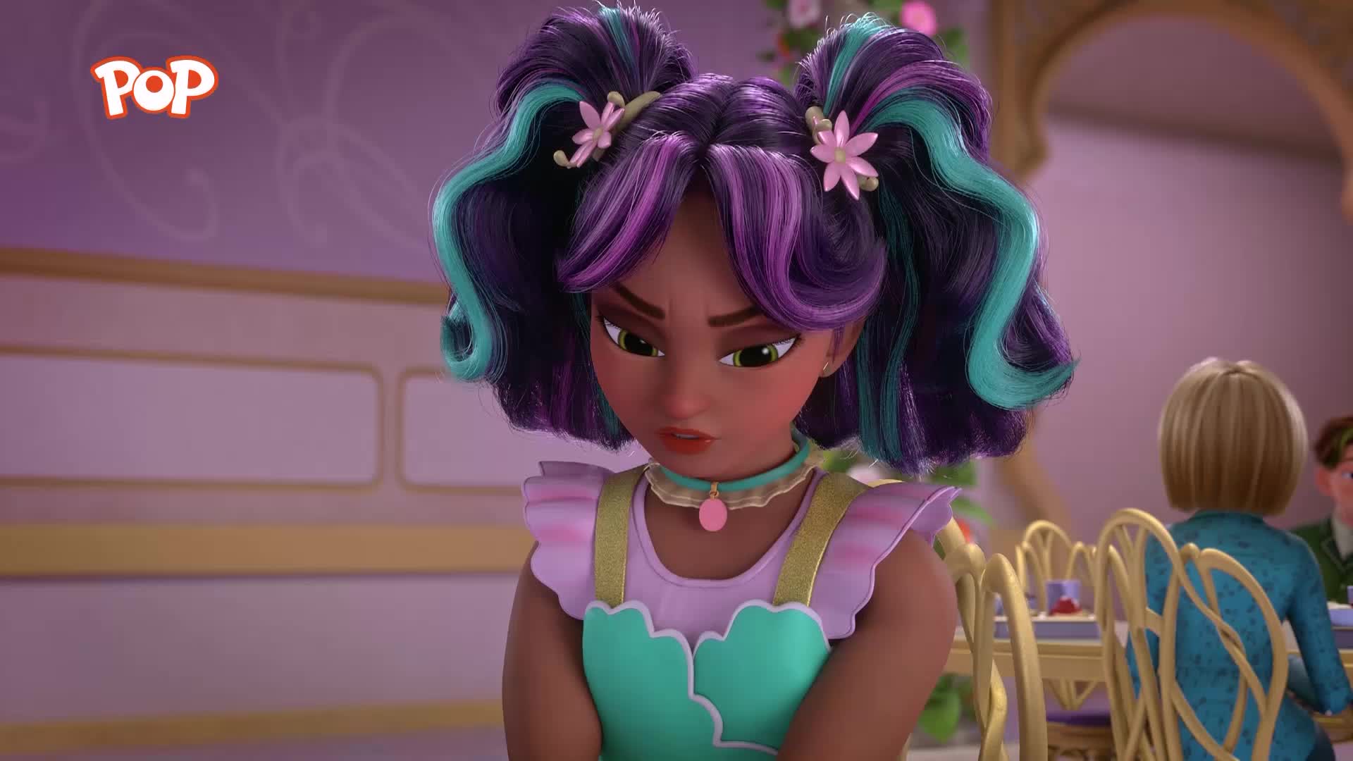A girl with vibrant purple and teal pigtails glares with a pout. She's dressed in a frilly, pastel outfit, her expression clearly unhappy.