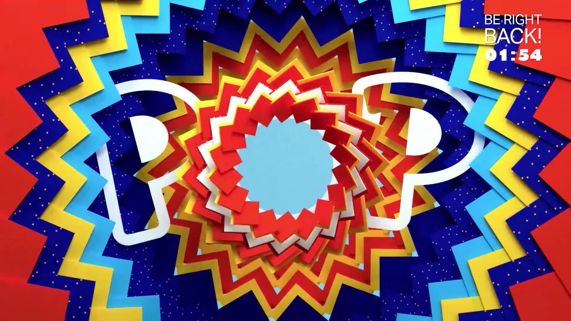 The word "POP" is emblazoned across a vibrant, layered background of zig-zagging paper in red, yellow, and blue. A timer in the corner reads "BE RIGHT BACK! 01:54."
