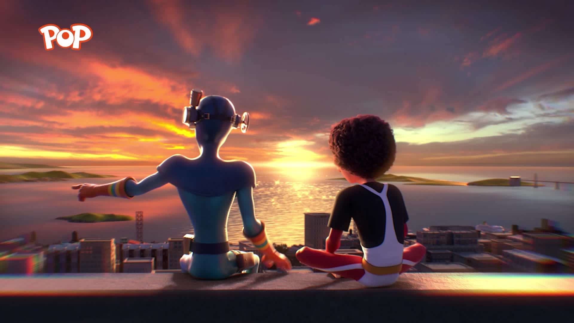 Two figures sit on a rooftop, silhouetted against a vibrant sunset over a city and bay. The one on the left points towards the horizon, a gesture of wonder at the spectacular sky.
