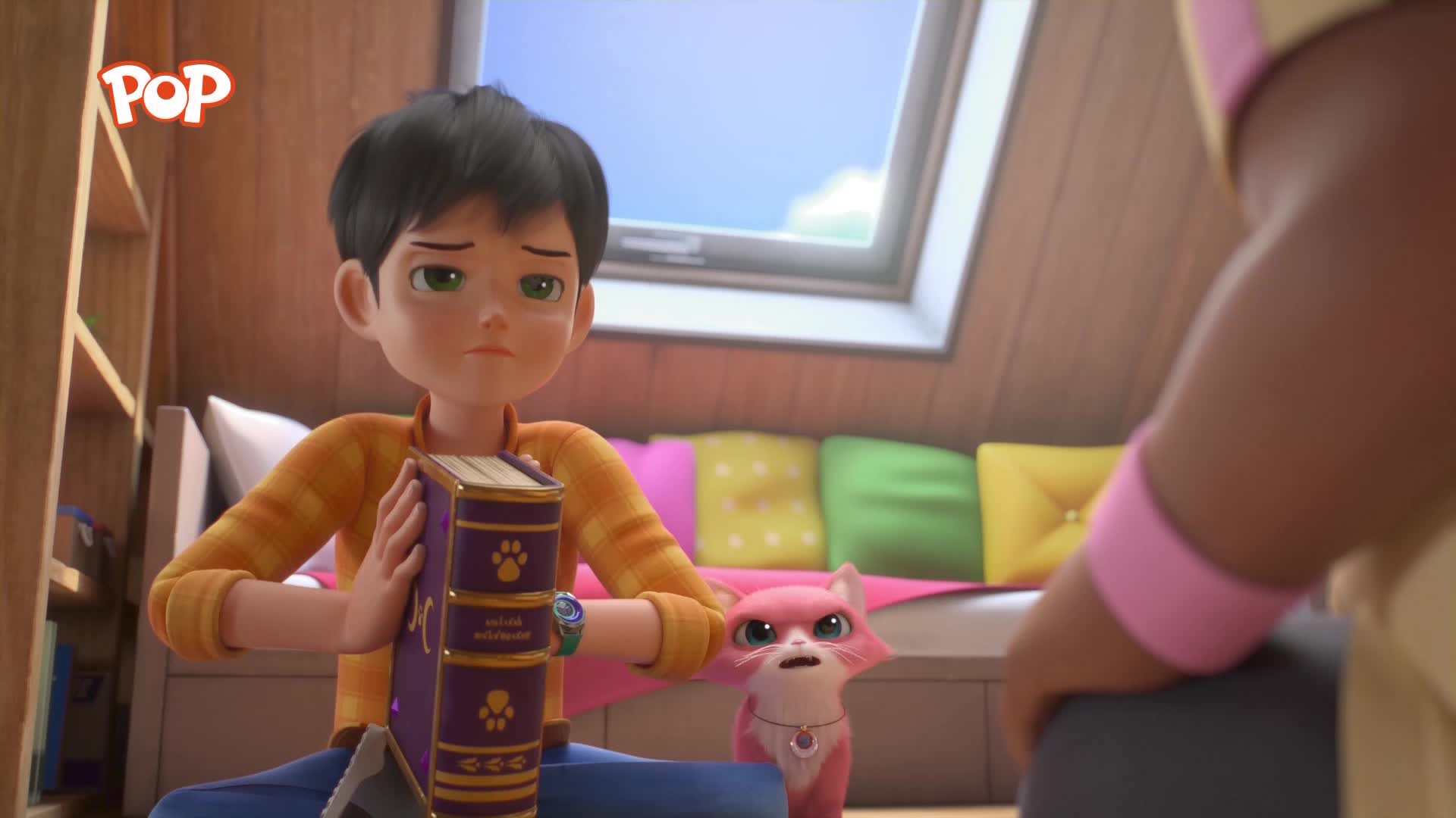 A boy with a worried expression clutches a thick, purple book. A small, pink cat with wide eyes peeks out from behind him.