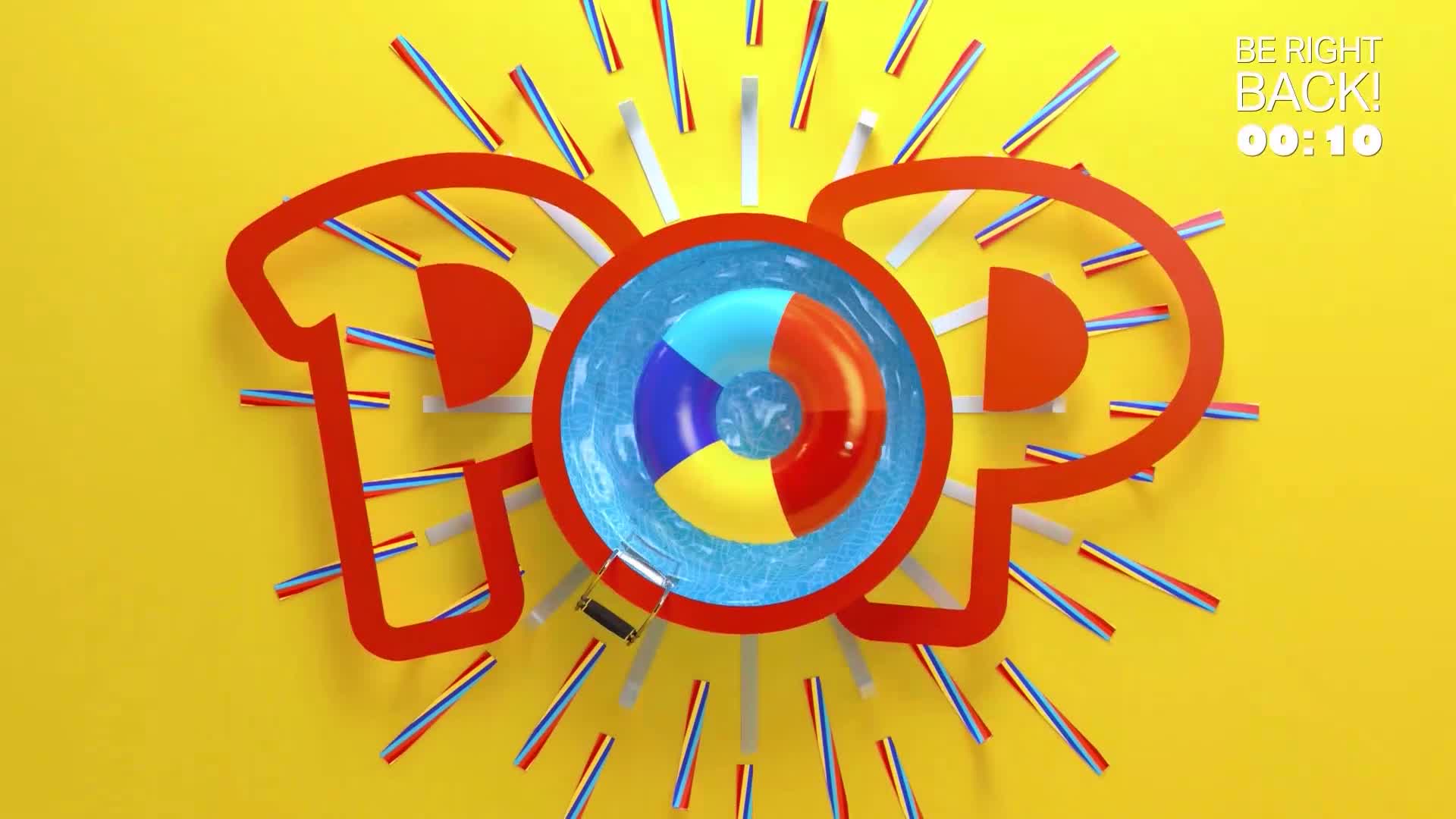 The red "POP" logo spins around a miniature swimming pool with a beach ball. A timer counts down from ten seconds, promising a return to the programme.