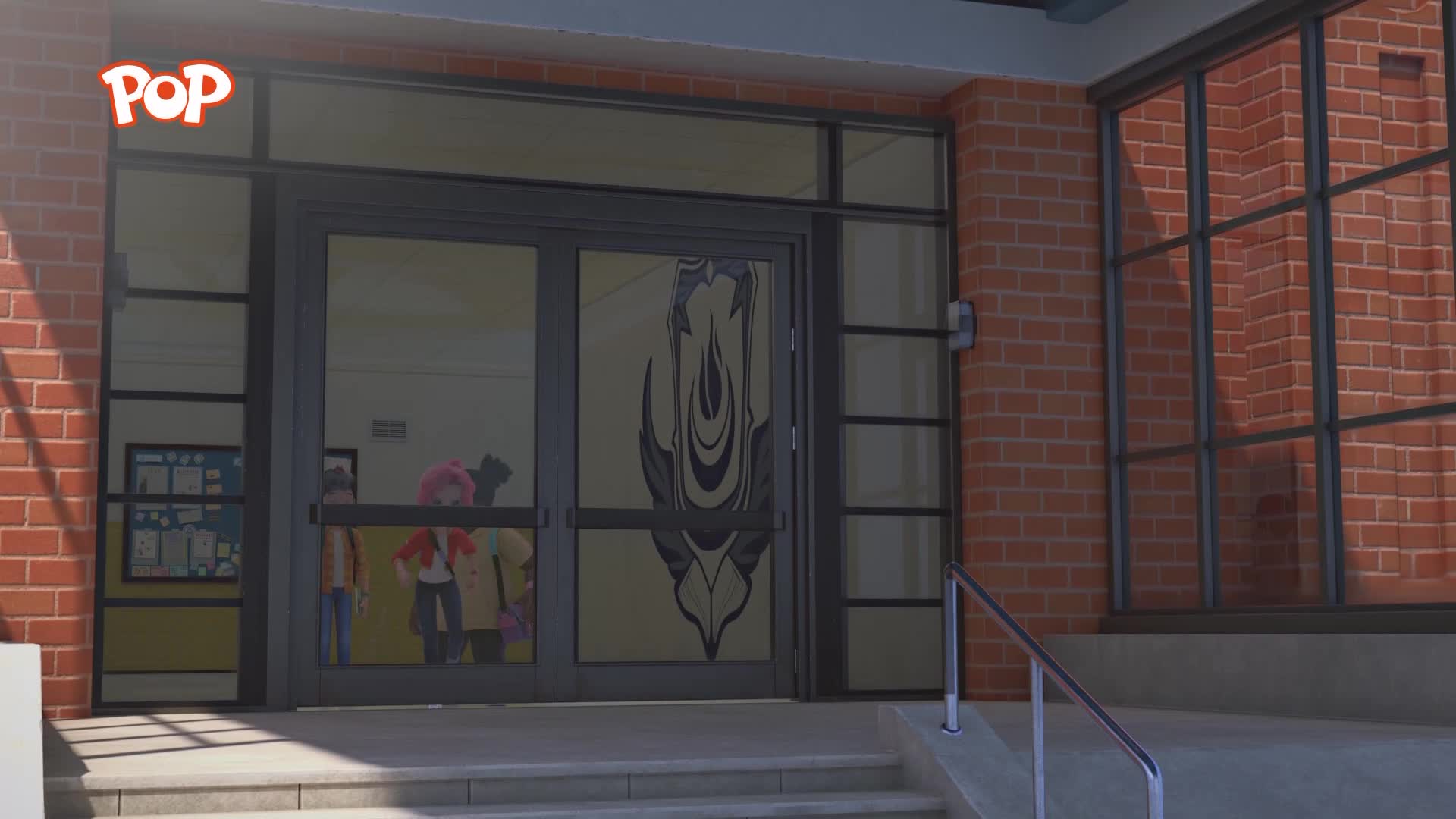 A group of kids with bright pink hair and yellow coats are gathered by the double doors. The POP logo glows in the top left corner.