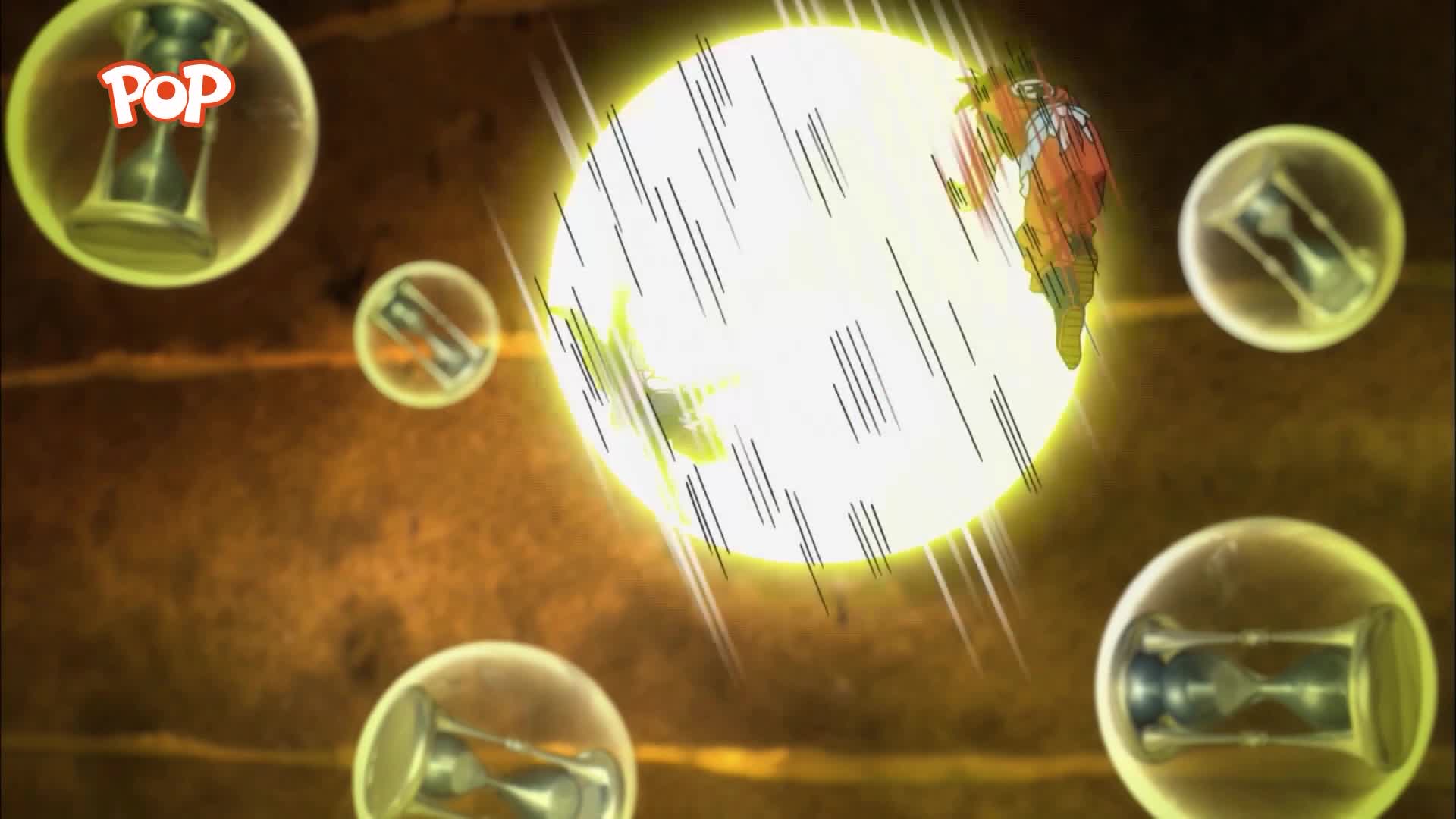 A figure in orange and white bursts through a blindingly bright, yellow sphere. Hourglasses float in clear bubbles around the intense light.