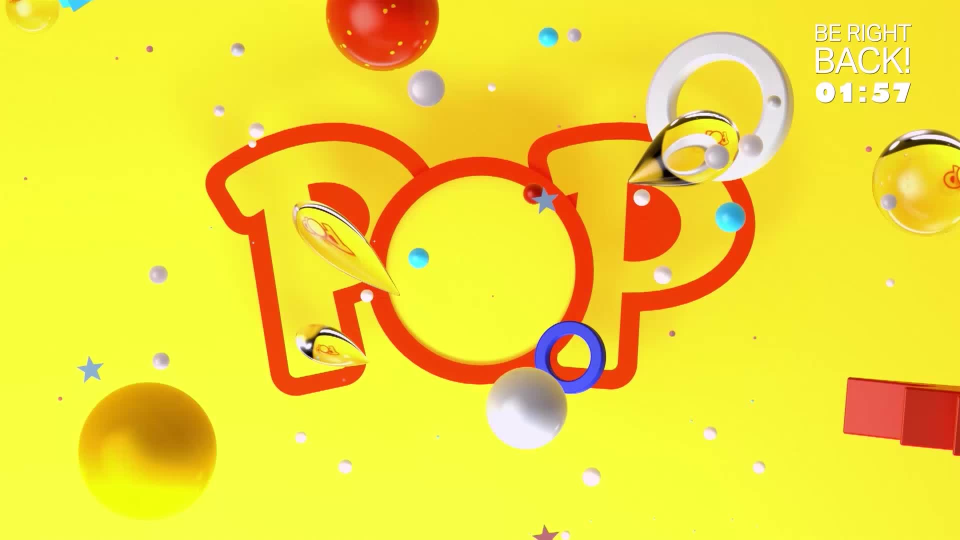 The giant red outline of "POP" dominates the bright yellow background. Shiny, yellow teardrop shapes tumble through the air, catching the light.