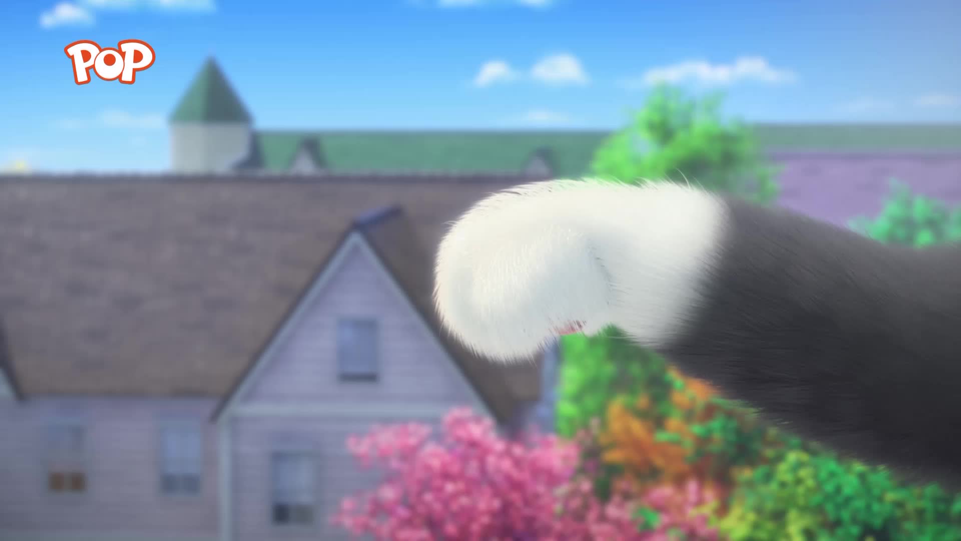 A fluffy white paw with pink pads extends into view, attached to a dark, furry limb. The background is a soft-focus suburban scene with houses and trees under a bright blue sky.