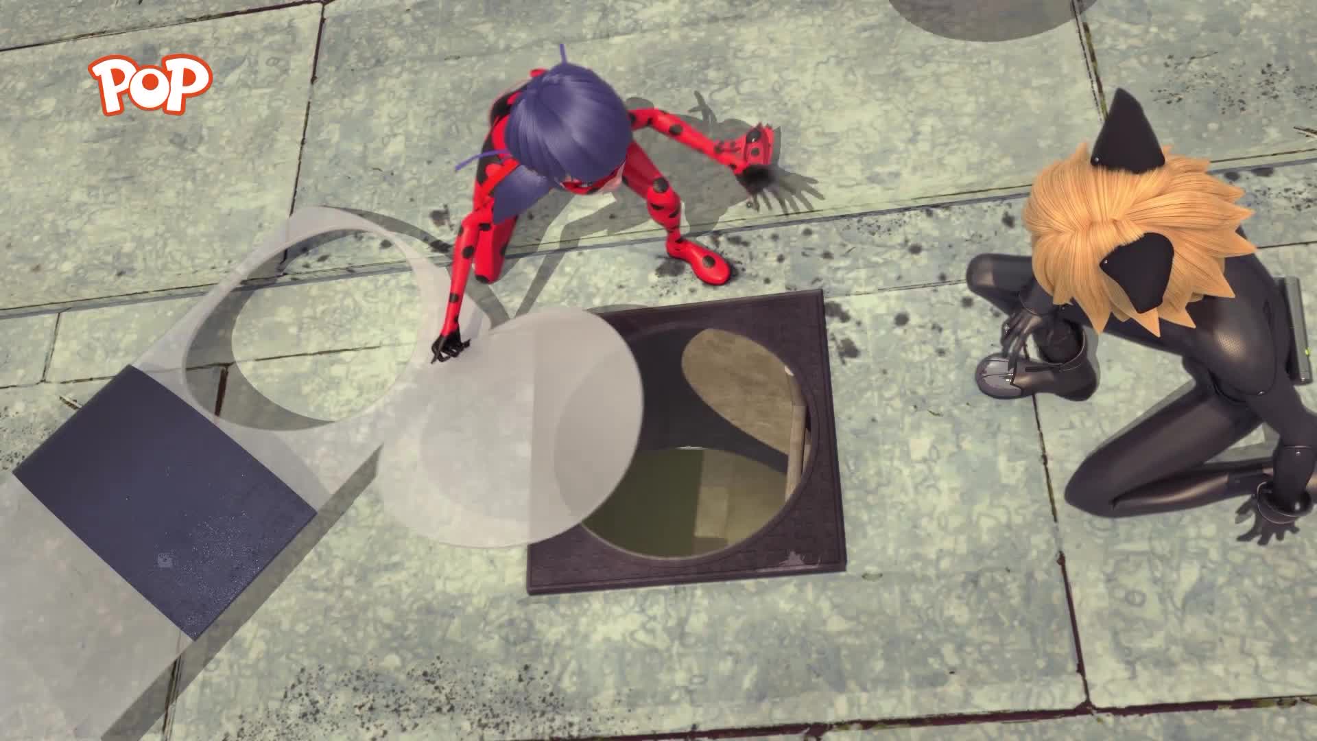 Ladybug is lifting a manhole cover, while Cat Noir crouches low, peering into the opening. The POP logo is visible in the top left corner.