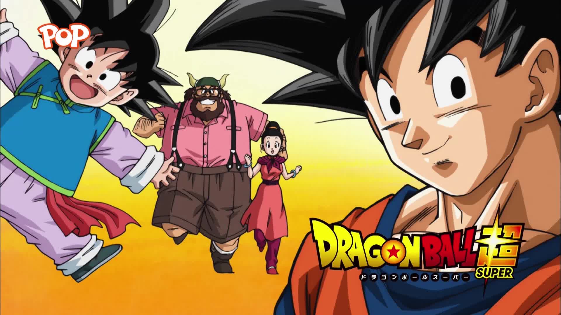 A young boy in a blue tunic and pink trousers leaps forward, a red sash trailing behind him. Behind him, a man with a beard and glasses runs, his pink shirt and brown shorts a bright contrast. A woman in a pink dress follows closely, her arms outstretched.