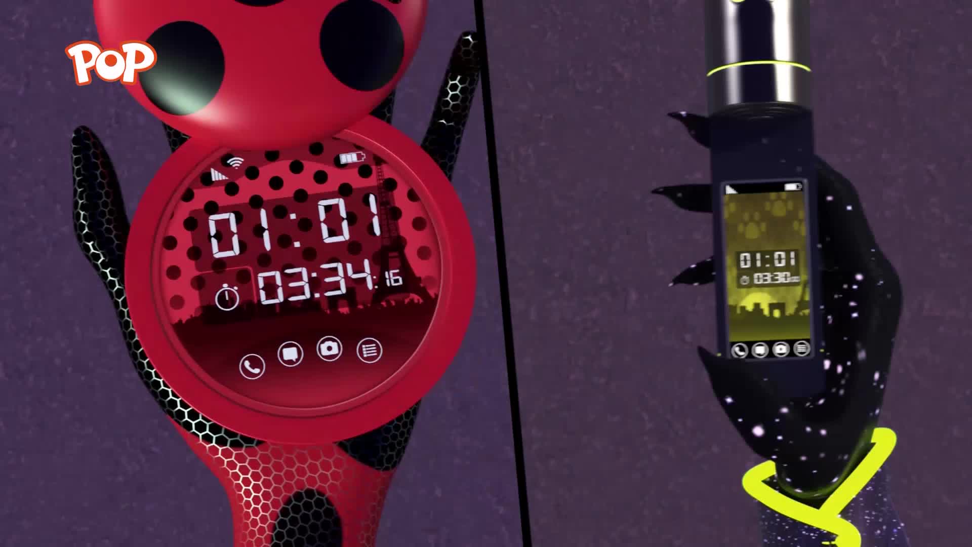 A red, ladybug-themed communicator displays a digital clock, while a dark, clawed hand holds a black smartphone with a similar display. Both devices show the time as 1:01.