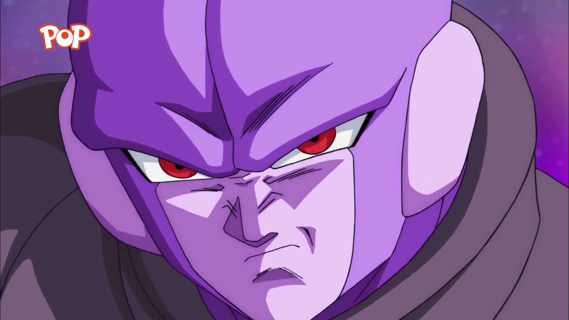 A purple-skinned figure with piercing red eyes stares intently forward. The POP logo hovers near its head, a stark contrast to the intense gaze.