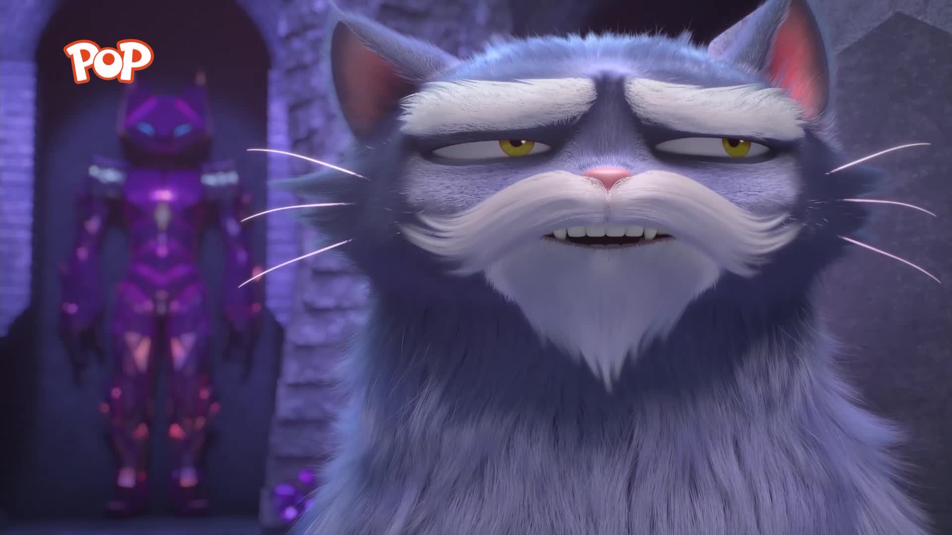 A large, fluffy blue cat with a grumpy expression faces the camera. Behind him, a purple, robotic figure stands in a doorway.