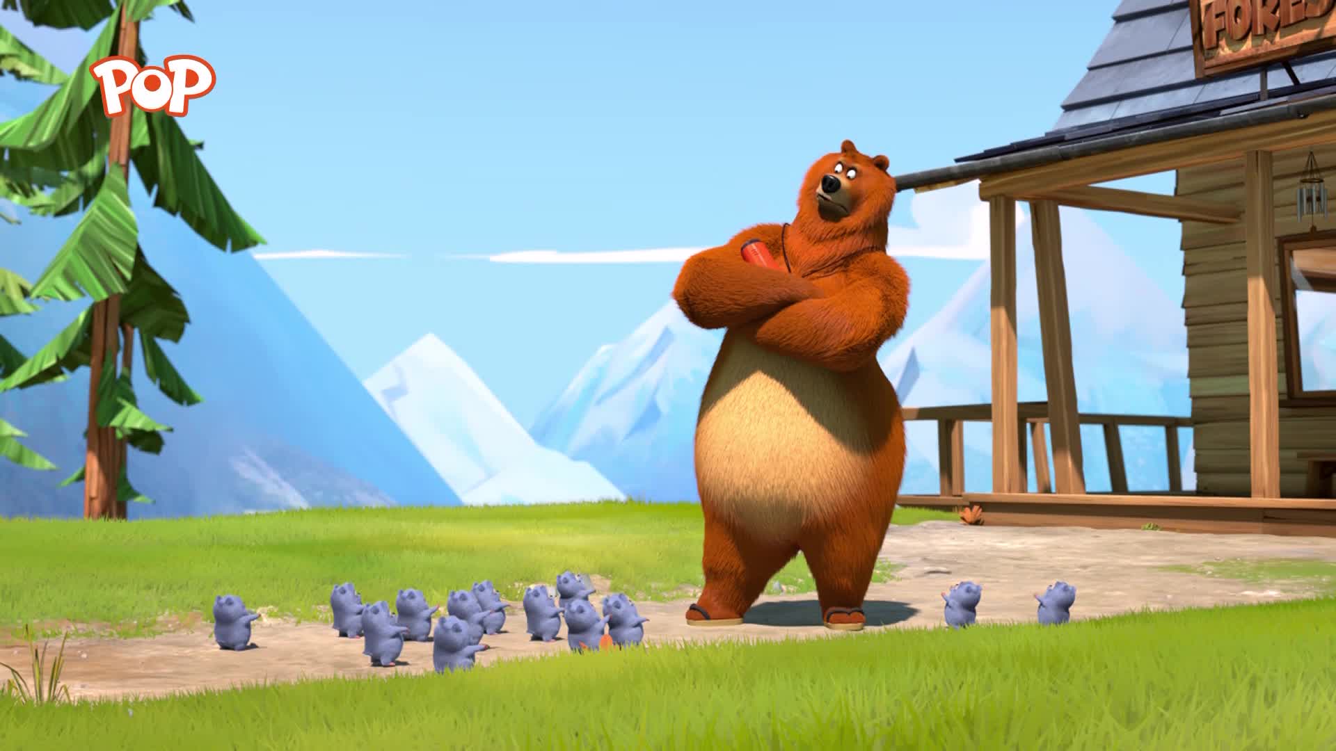 A large brown bear stands with his arms crossed, looking down at a group of small, grey creatures. The creatures are gathered on a dirt path in front of him, some facing him directly. Behind them, a rustic wooden building with a sign that reads "FOREST" sits under a bright blue sky. A large brown bear stands with his arms crossed, looking down at a group of small, grey creatures. The creatures are gathered on a dirt path in front of him, some facing him directly. Behind them, a rustic wooden building with a sign that reads "FOREST" sits under a bright blue sky.