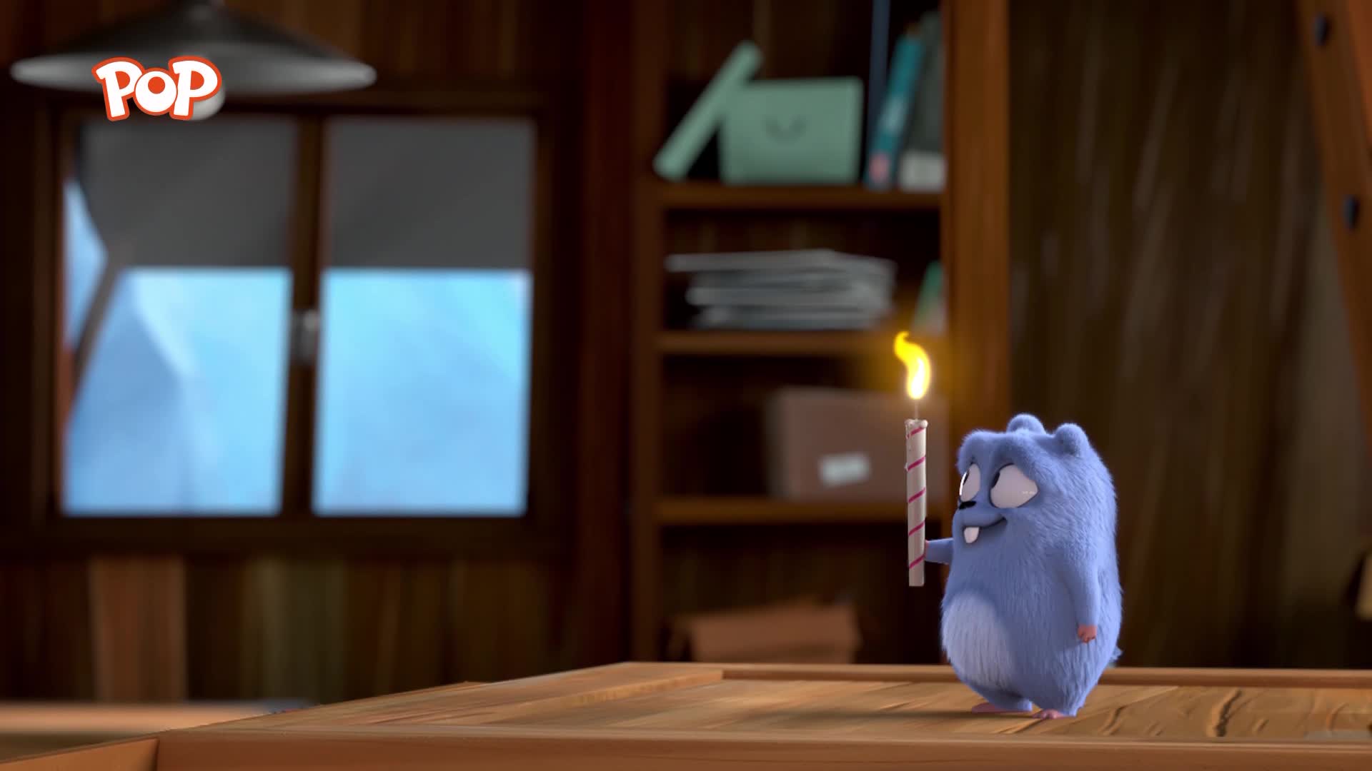 A small blue creature stands holding a lit candle. The flame flickers brightly against the dim interior. A small blue creature stands holding a lit candle. The flame flickers brightly against the dim interior.