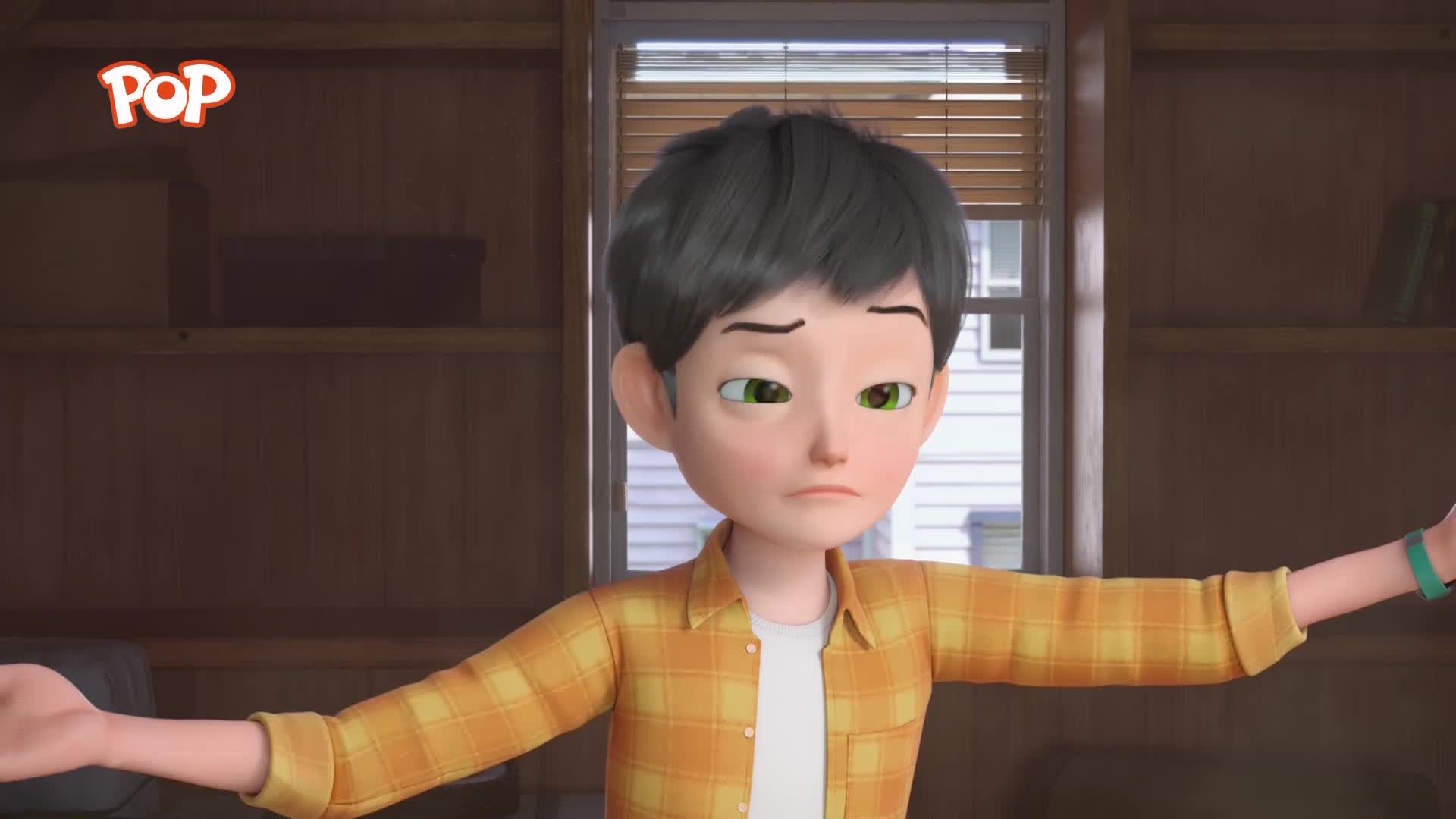 A boy with dark hair and green eyes stands with his arms outstretched, wearing a yellow plaid shirt. A bright red "POP" logo appears in the top left corner. A boy with dark hair and green eyes stands with his arms outstretched, wearing a yellow plaid shirt. A bright red "POP" logo appears in the top left corner.