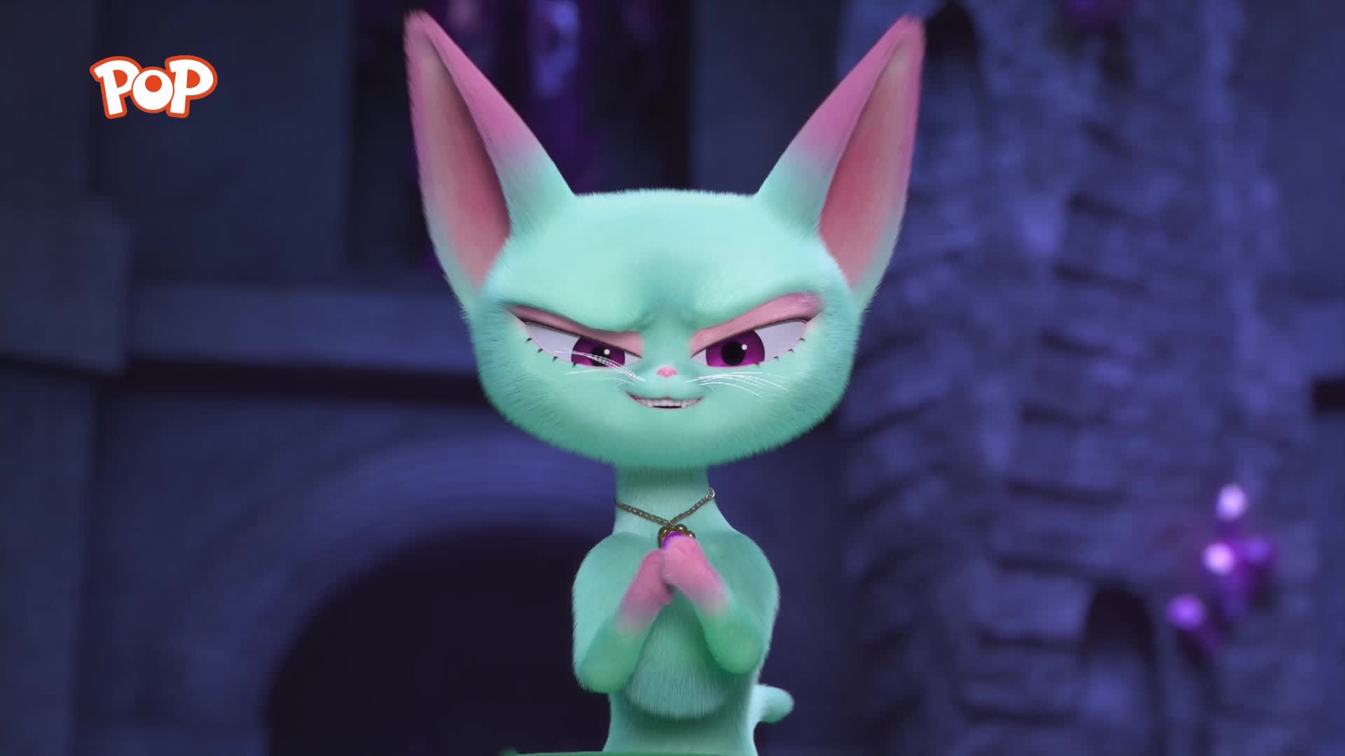 A pale green cat with pink-tipped ears grins slyly, its paws clasped together. The POP logo hovers in the upper left corner. A pale green cat with pink-tipped ears grins slyly, its paws clasped together. The POP logo hovers in the upper left corner.