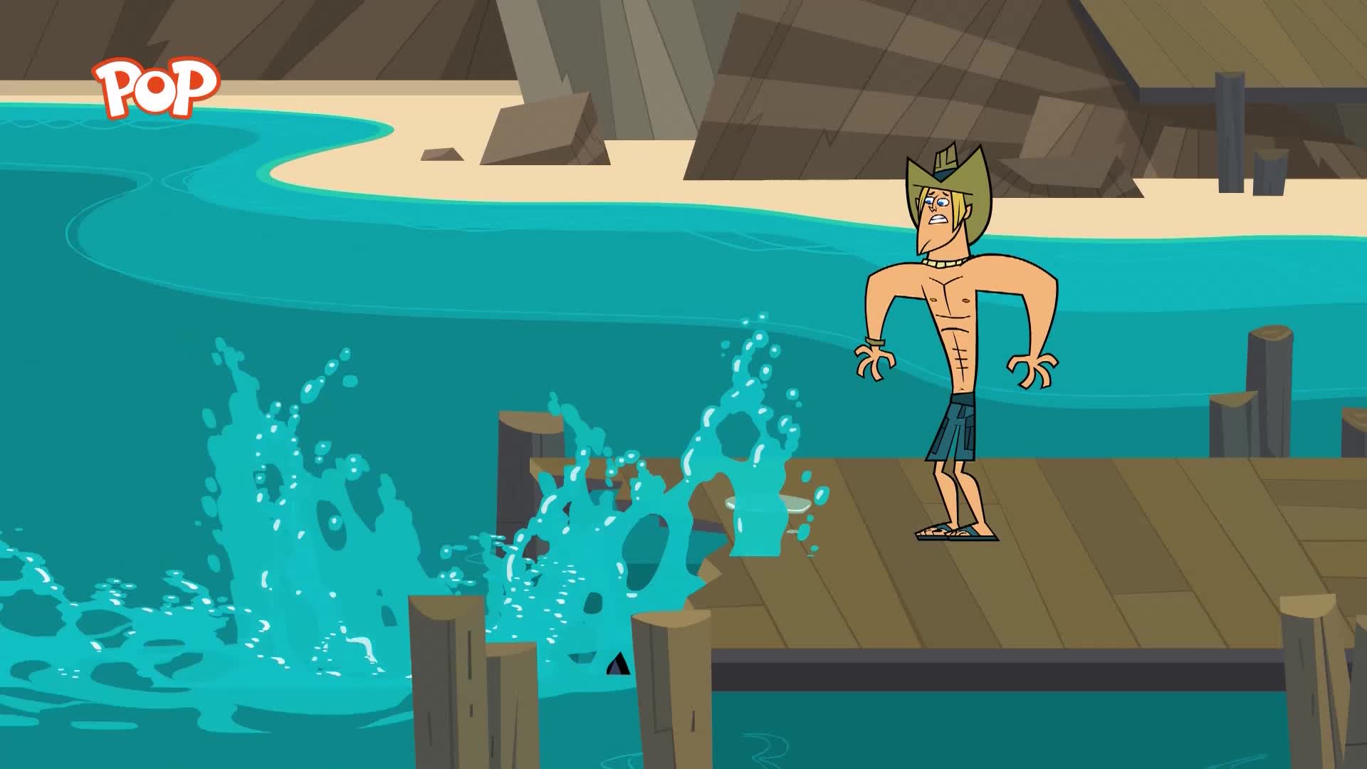 A massive splash erupts from the water next to the wooden dock. A young man in a hat and swim trunks stands on the dock, his arms outstretched in surprise. A massive splash erupts from the water next to the wooden dock. A young man in a hat and swim trunks stands on the dock, his arms outstretched in surprise.