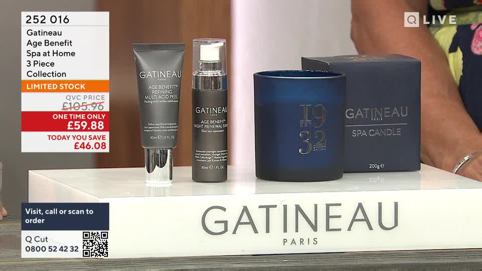 On a white platform, three Gatineau skincare products and a blue candle are arranged for display. The QVC price is prominently displayed, with a limited-time offer highlighted in red.
