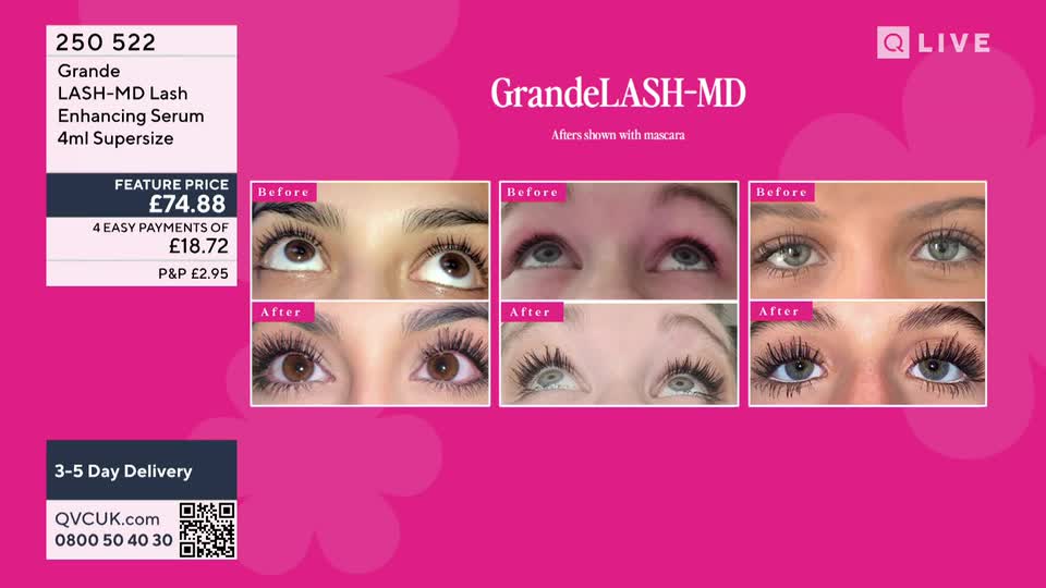 On a QVC Beauty segment from the United Kingdom, before-and-after shots of eyes are displayed, advertising a lash-enhancing serum. The "after" photos show dramatically longer, fuller lashes.
