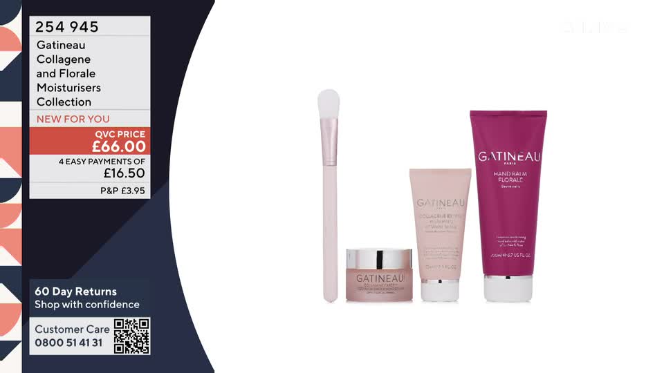 A collection of Gatineau skincare products, including a brush, sits on a white surface, ready for a QVC Beauty presentation. The price is clearly displayed, alongside details about easy payments and returns.

