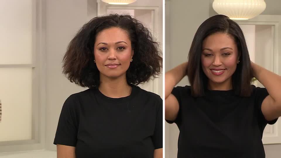 A woman with curly hair stands on the left, then on the right, her hair is straight and styled into a bob. She gently touches the sides of her hair, smiling at the camera.
