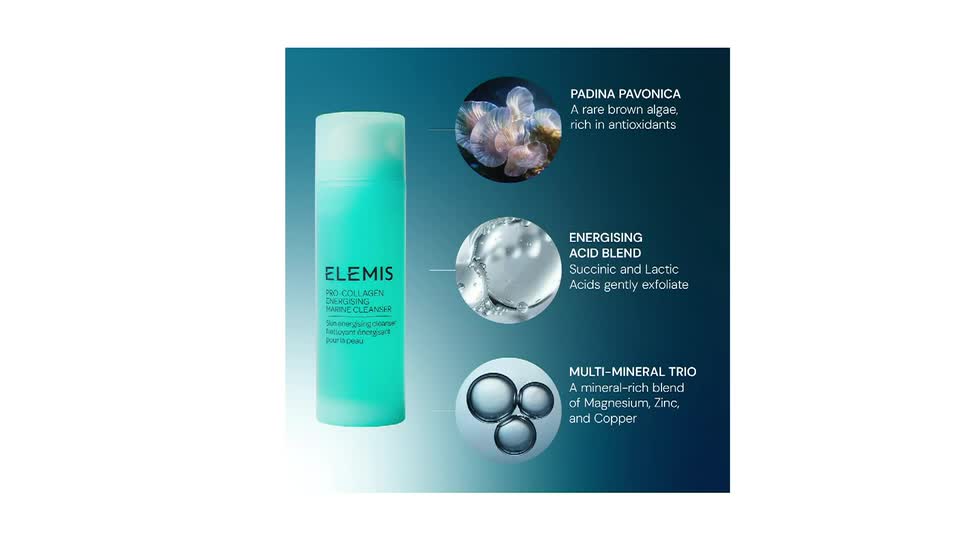 A turquoise Elemis cleanser bottle stands upright, its label visible. Beside it, diagrams illustrate the ingredients and their benefits, all against a dark blue backdrop.
