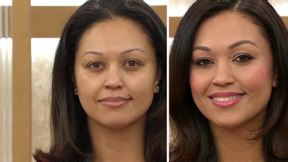 On the left, a woman's face appears without makeup, while on the right, the same woman displays a finished look with expertly applied cosmetics. Her eyes are now defined with eyeliner and eyeshadow, and her cheeks are flushed with blush.
