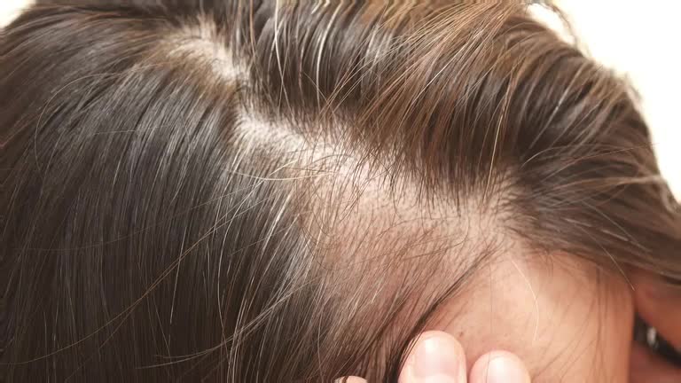 Fine, dark hair parts, revealing a scalp with some visible thinning and patches of grey. The hair, mostly brown, is styled to fall naturally across the head.
Fine, dark hair parts, revealing a scalp with some visible thinning and patches of grey. The hair, mostly brown, is styled to fall naturally across the head.