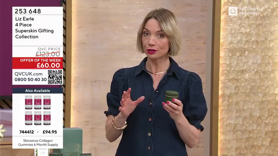 On QVC Beauty, a woman in a denim shirt gestures with her hands while holding a green jar. Behind her, a graphic displays the product's name and the special offer price.
