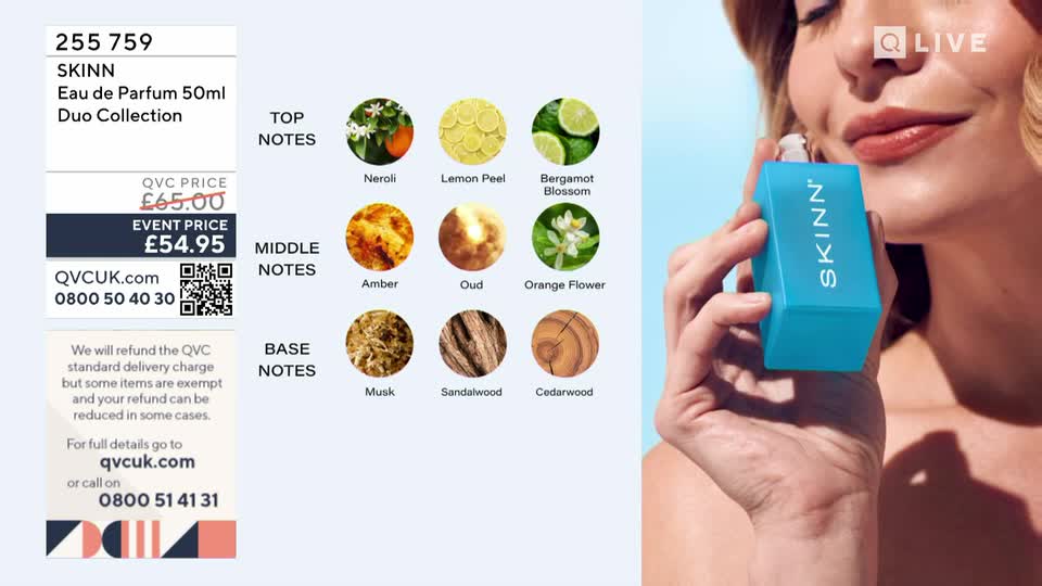 A woman brings a bright blue bottle of SKINN perfume close to her face. The screen displays details about the fragrance, including its notes and price from QVC.