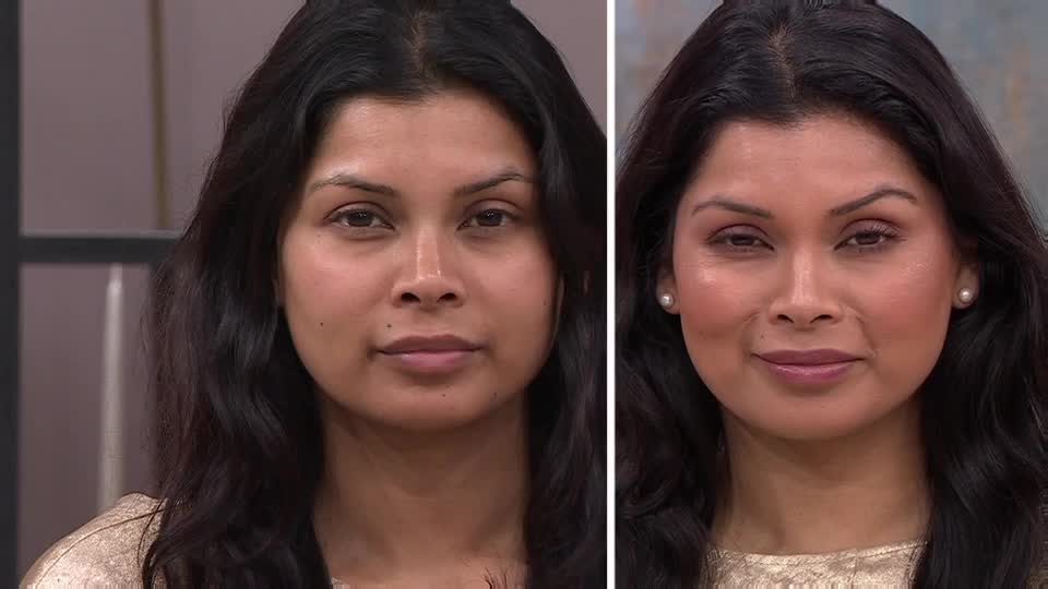 A woman's face is shown before and after makeup application. Her skin appears smoother and more radiant on the right, with a subtle blush and defined brows. This transformation is being presented as part of a QVC Beauty segment. A woman's face is shown before and after makeup application. Her skin appears smoother and more radiant on the right, with a subtle blush and defined brows. This transformation is being presented as part of a QVC Beauty segment.