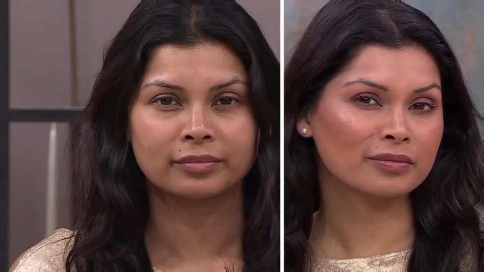 A woman's face appears on the left, bare of makeup. Next to it, her face is transformed with a warm, rosy blush and defined eyes. This is a demonstration of QVC Beauty products. A woman's face appears on the left, bare of makeup. Next to it, her face is transformed with a warm, rosy blush and defined eyes. This is a demonstration of QVC Beauty products.