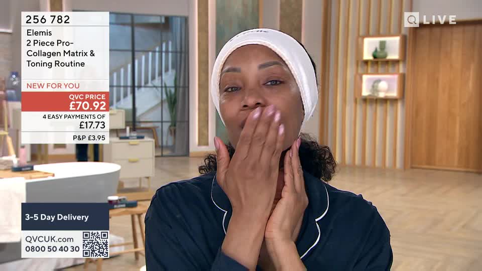 A woman with a white headband is gently patting her face. She's demonstrating a skincare product on QVC.