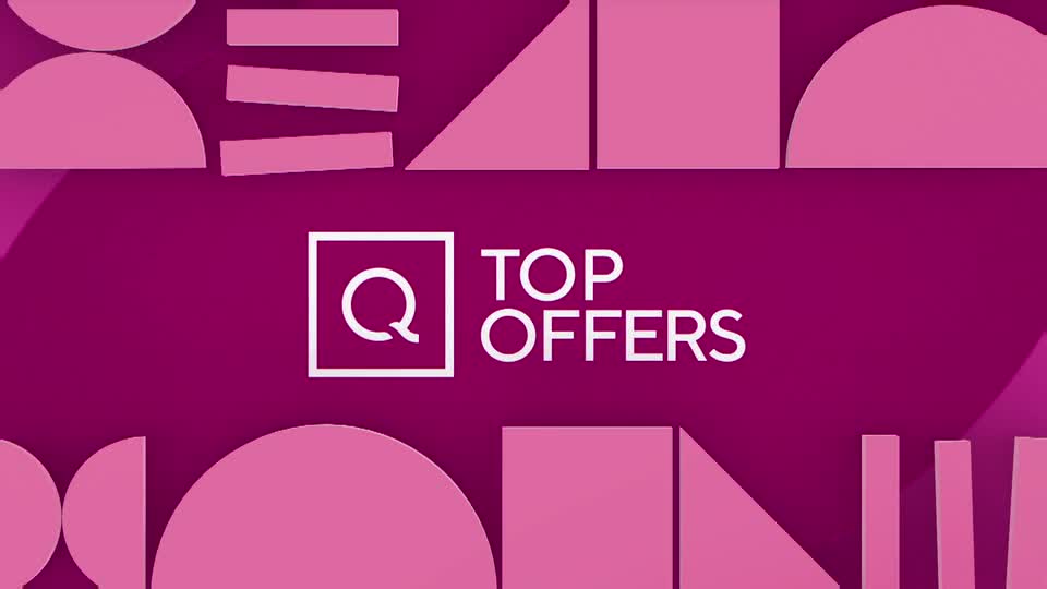 The QVC Beauty logo appears, followed by "TOP OFFERS" in white text. A backdrop of overlapping geometric shapes in shades of pink and magenta fills the screen.