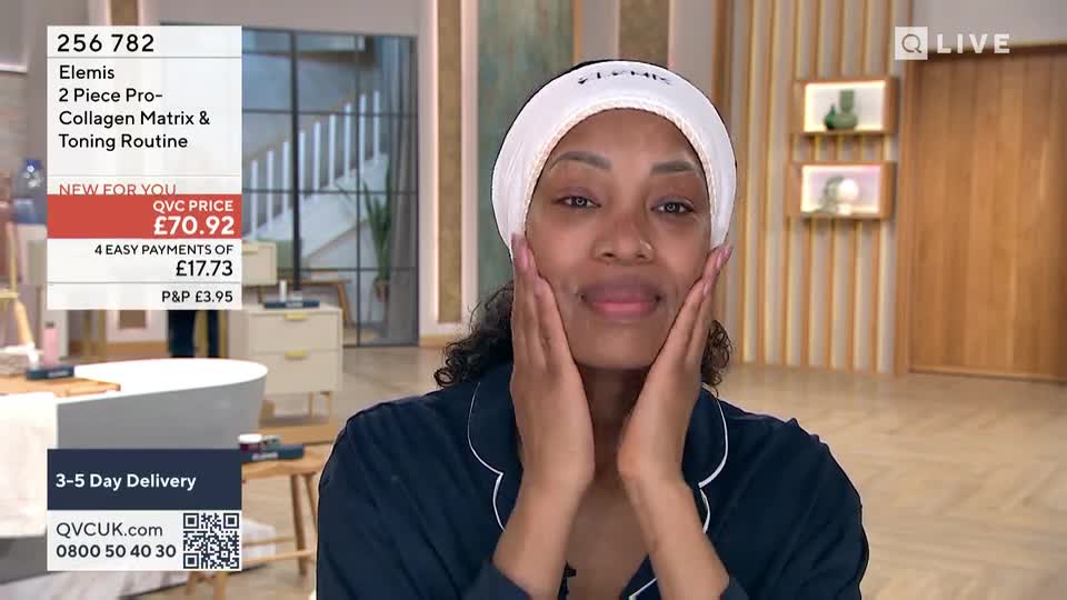 A woman with a white headband massages cream into her cheeks. The QVC Beauty logo and product details are visible on the left.