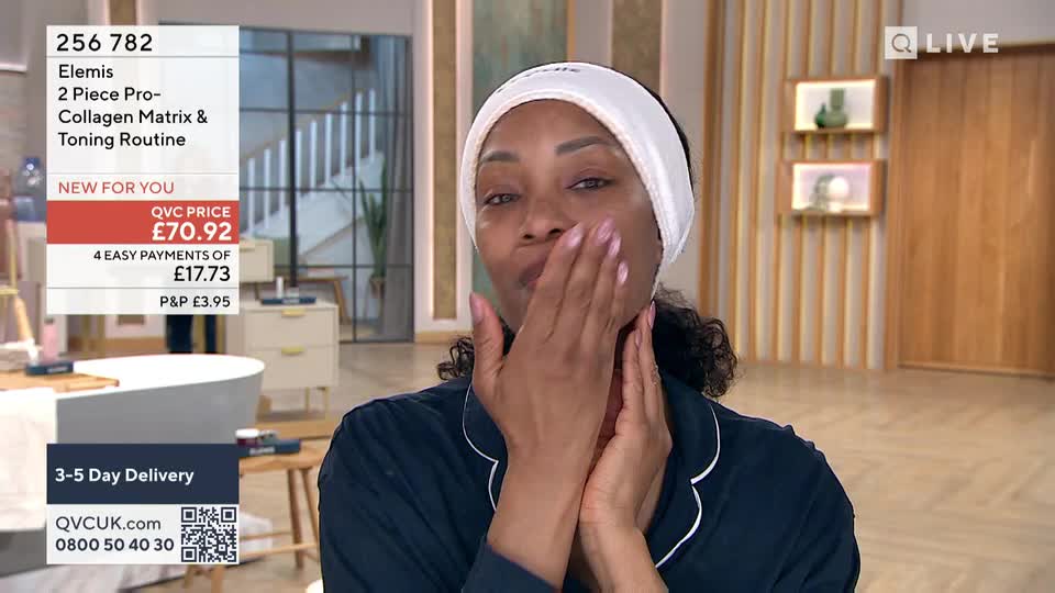 She's applying cream to her face, her fingers gently massaging her cheek. A graphic on the left shows the Elemis product is £70.92.