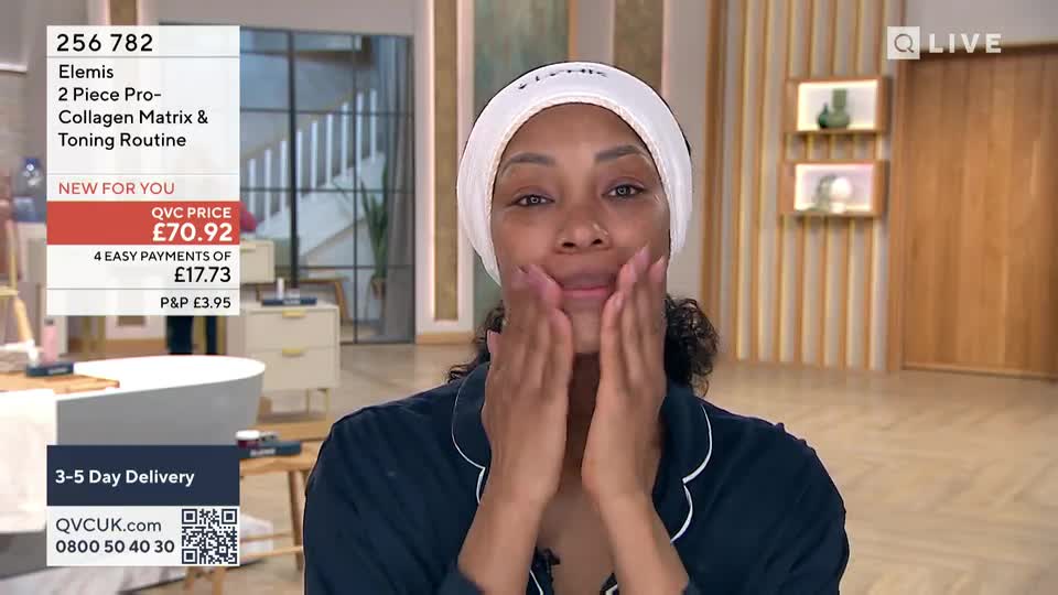 The presenter is applying cream to her face, her hands moving in gentle circles. On the screen, the Elemis Pro-Collagen Matrix & Toning Routine is advertised for £70.92.
