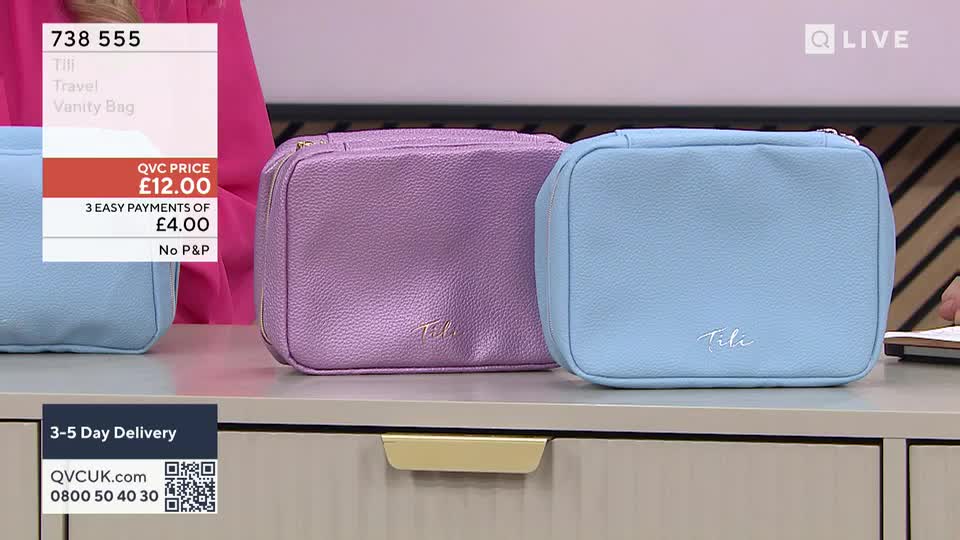 A pale lilac vanity bag sits next to a baby blue one, both with a subtle shimmer. The QVC price of £12.00 is displayed, with an option for three easy payments of £4.00.