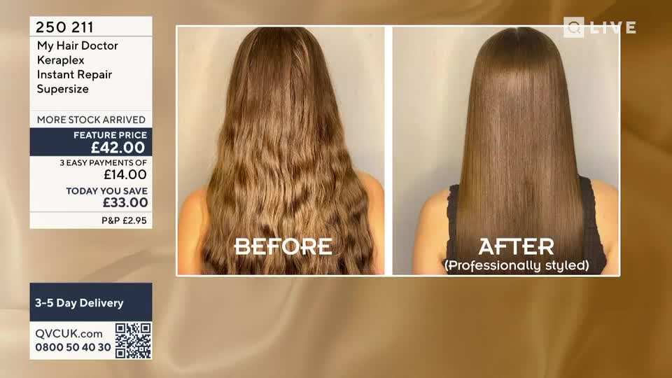 The screen displays a comparison of hair before and after using a product. The "before" side shows textured, wavy hair, while the "after" side presents it as sleek and straight.