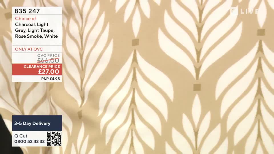 A patterned fabric, featuring a leaf-like design in white against a taupe background, fills the screen. On the left, a QVC Extra graphic displays product details and a special offer.
