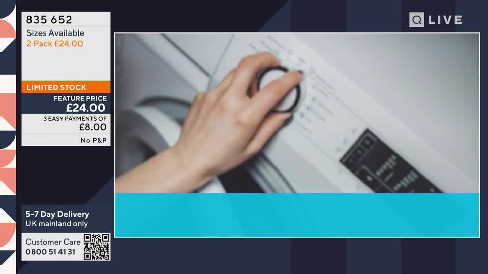 A hand turns a dial on a washing machine, likely on QVC Extra, with a price of £24.00 advertised on screen. The offer is for UK mainland delivery.
